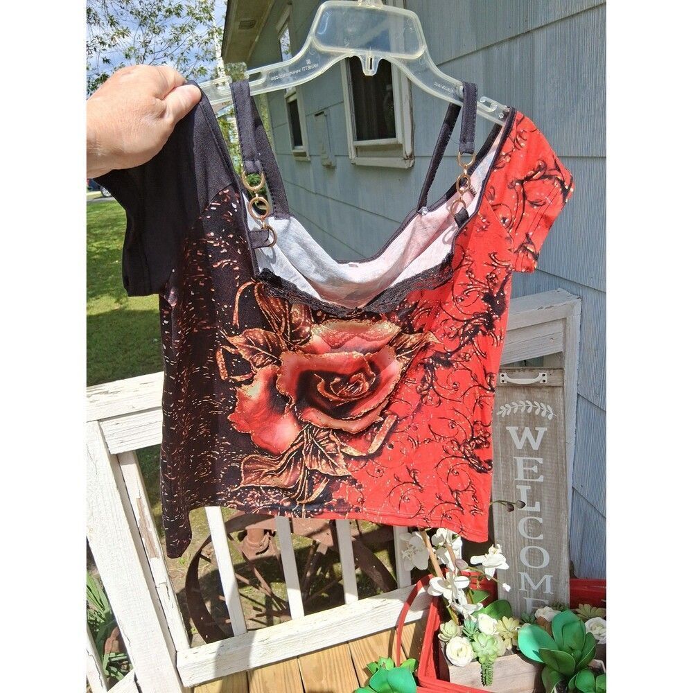 2X Tank Top Cap Sleeves Rose Gold Metal Straps Rose Flower Red & Black Lace